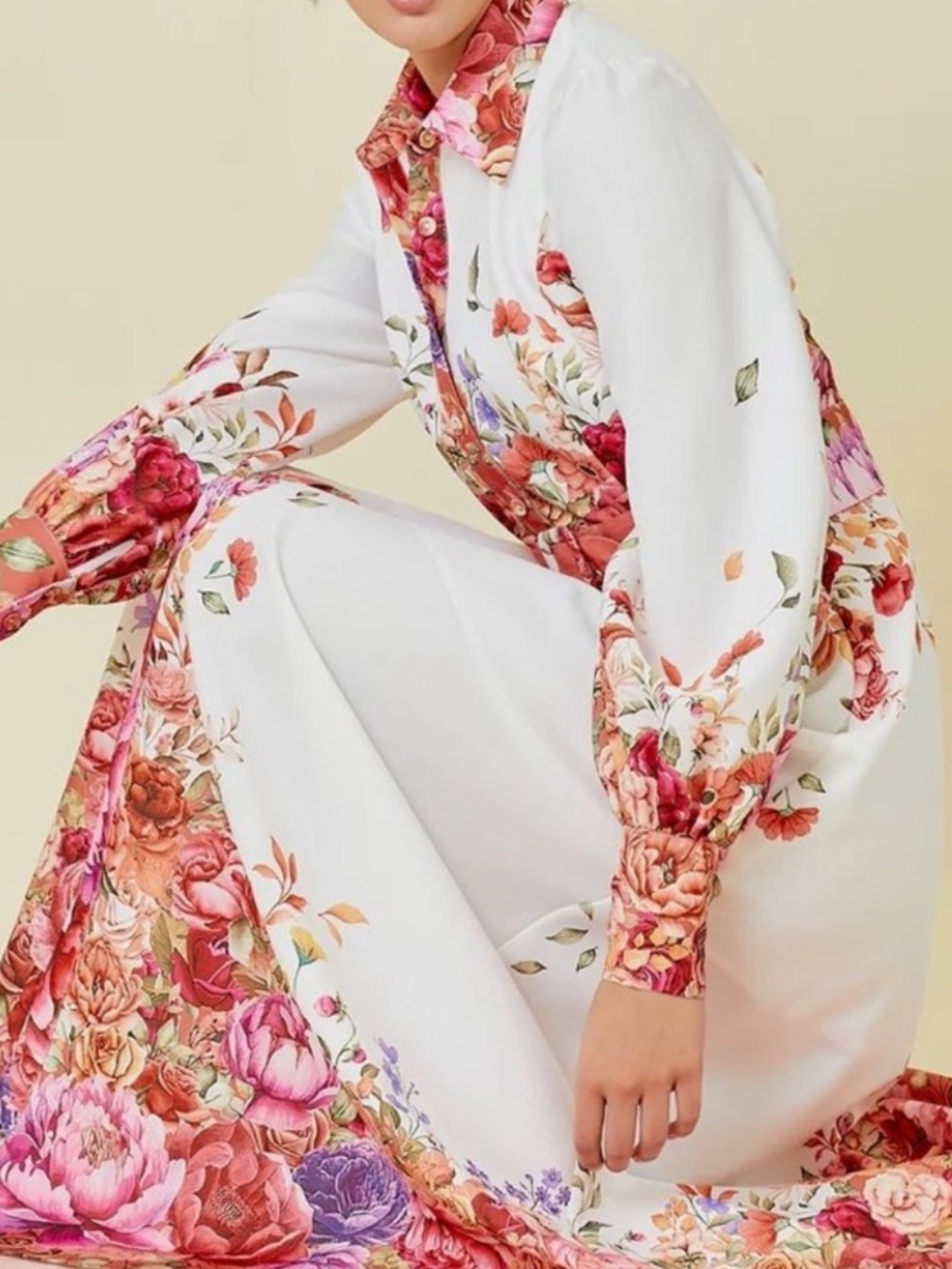 Avara Mainstrip Floral Belted Maxi Shirt Dress White Pink Orange Medium NWT - Picture 3 of 11